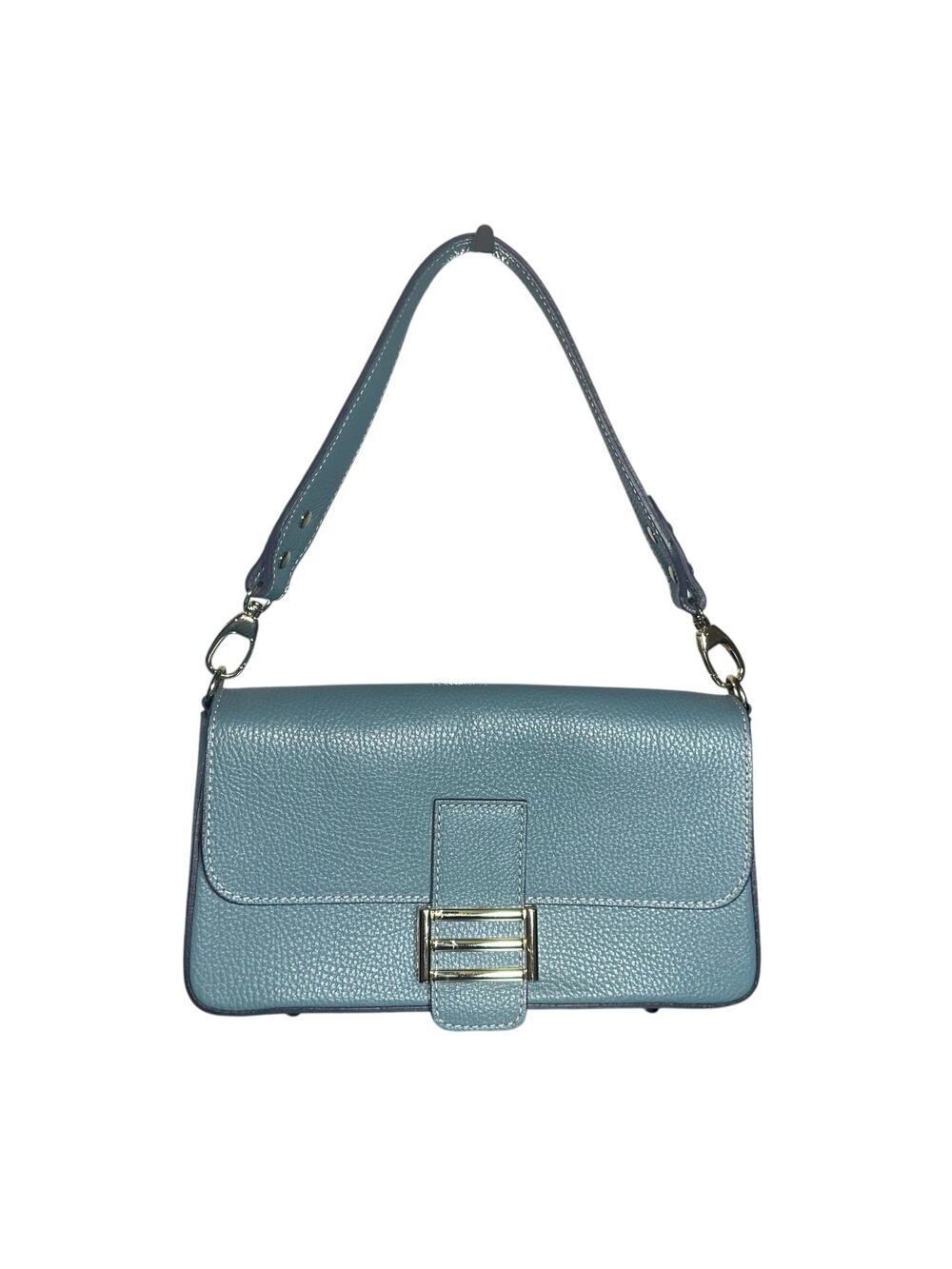 Davina Firenze Blue Pebbled Leather Shoulder Crossbody Bag Gold Buckle